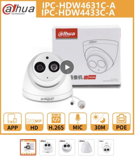 50+ Bewakingscamera Tips en Adviezen: productfoto van een witte Dahua-koepelcamera met verpakking en kenmerkpictogrammen