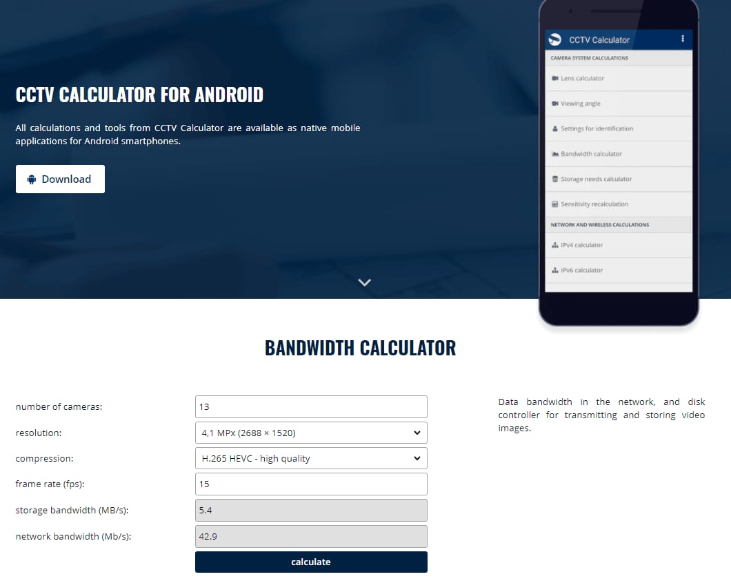 50+ Bewakingscamera Tips en Adviezen: CCTV Calculator-app voor Android met een bandbreedtecalculator voor camerabeelden