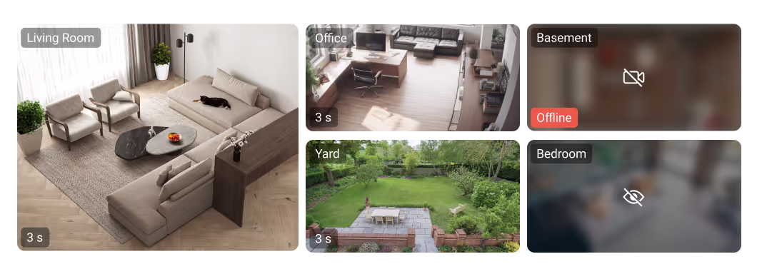 Camerabeveiliging Particulier: camerabeelden van een woonkamer, kantoor, kelder, tuin en slaapkamer in een app