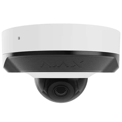 Camerabeveiliging Particulier: witte Ajax-koepelcamera met een zwarte rand en een cameralens